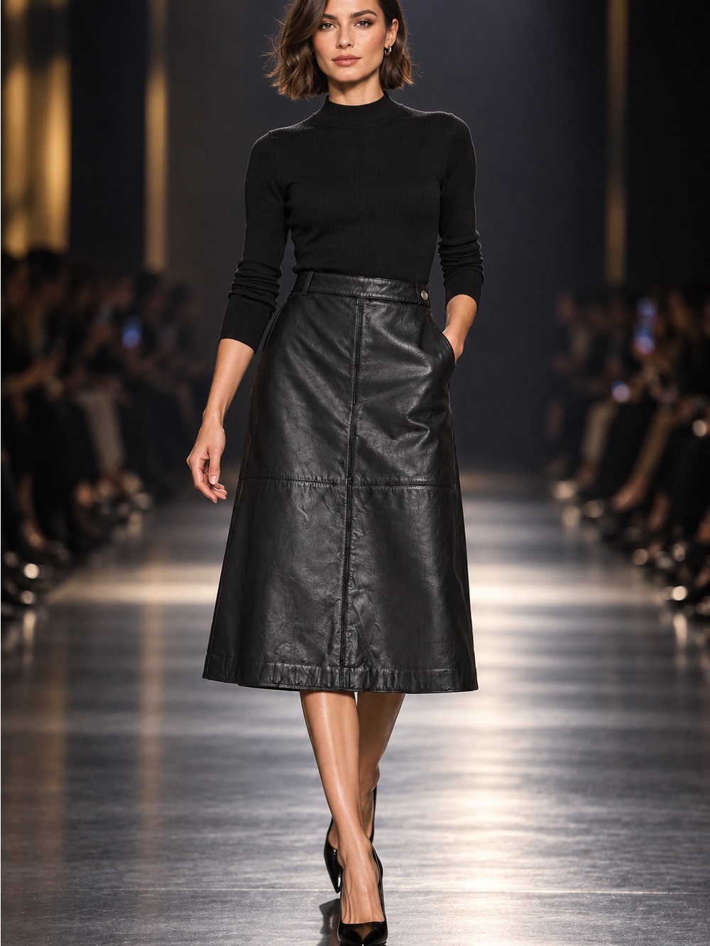 Tibor Leathers by Linda Y2K 100% Genuine Black A-Line Leather Midi Skirt Sz 16